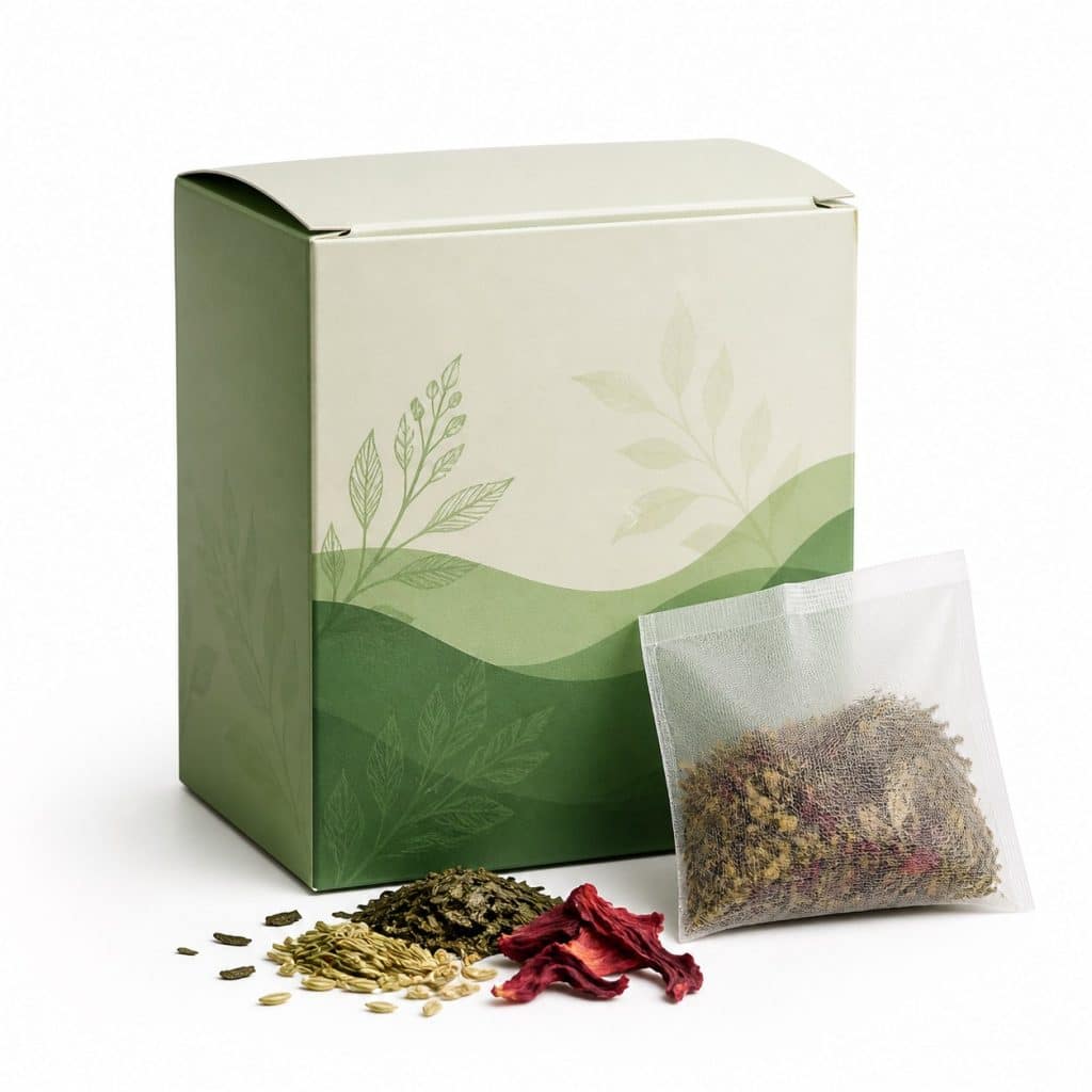 Infusion thé vert, fenouil et hibiscus en sachets présenté seul